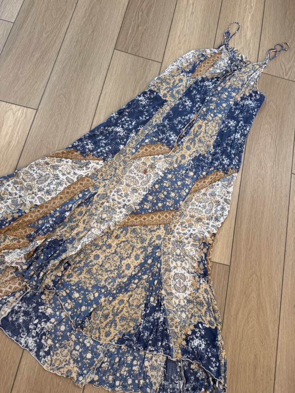 Free People intimately Work of Art Printed Maxi Dress Sz M patchwork boho fringe - Picture 4 of 12
